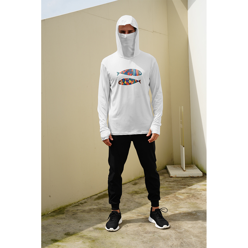Men Fish Print Fishing Hoodie  - Fishing Mask Sun Protection ulasan dan harga